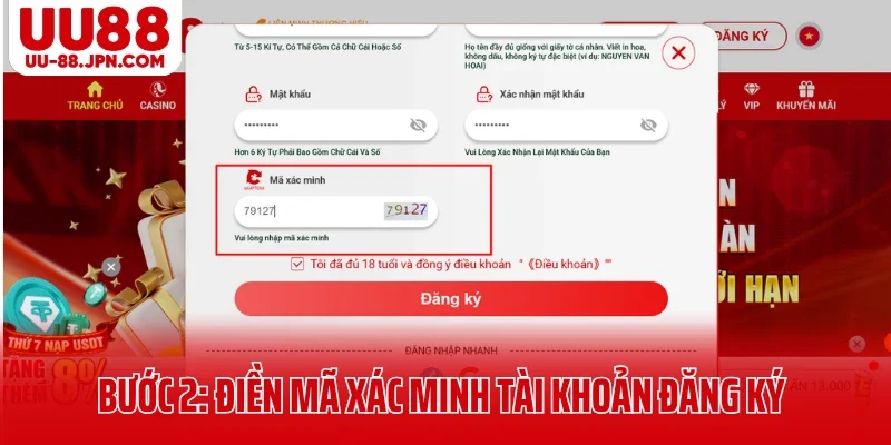 Bước 2: Điền mã xác minh tài khoản đăng ký